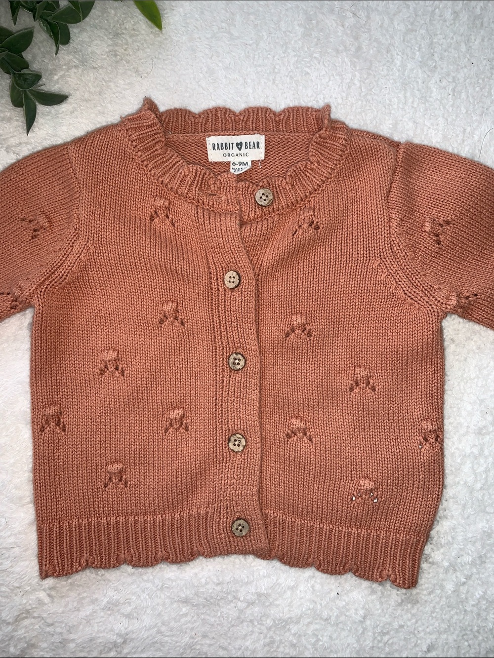 Rabbit + Bear Dusty Orange Cardigan Sweater 6-9M EUC Organic Cotton